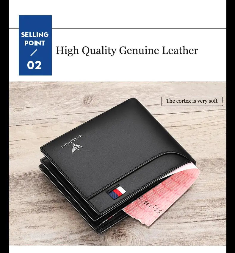 WILLIAMPOLO Luxury Brand Men Wallet Genuine Leather Bifold Wallet